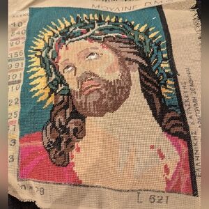 Vintage needlepoint Suffering of Christ Tapestry Early 1900s DMC France